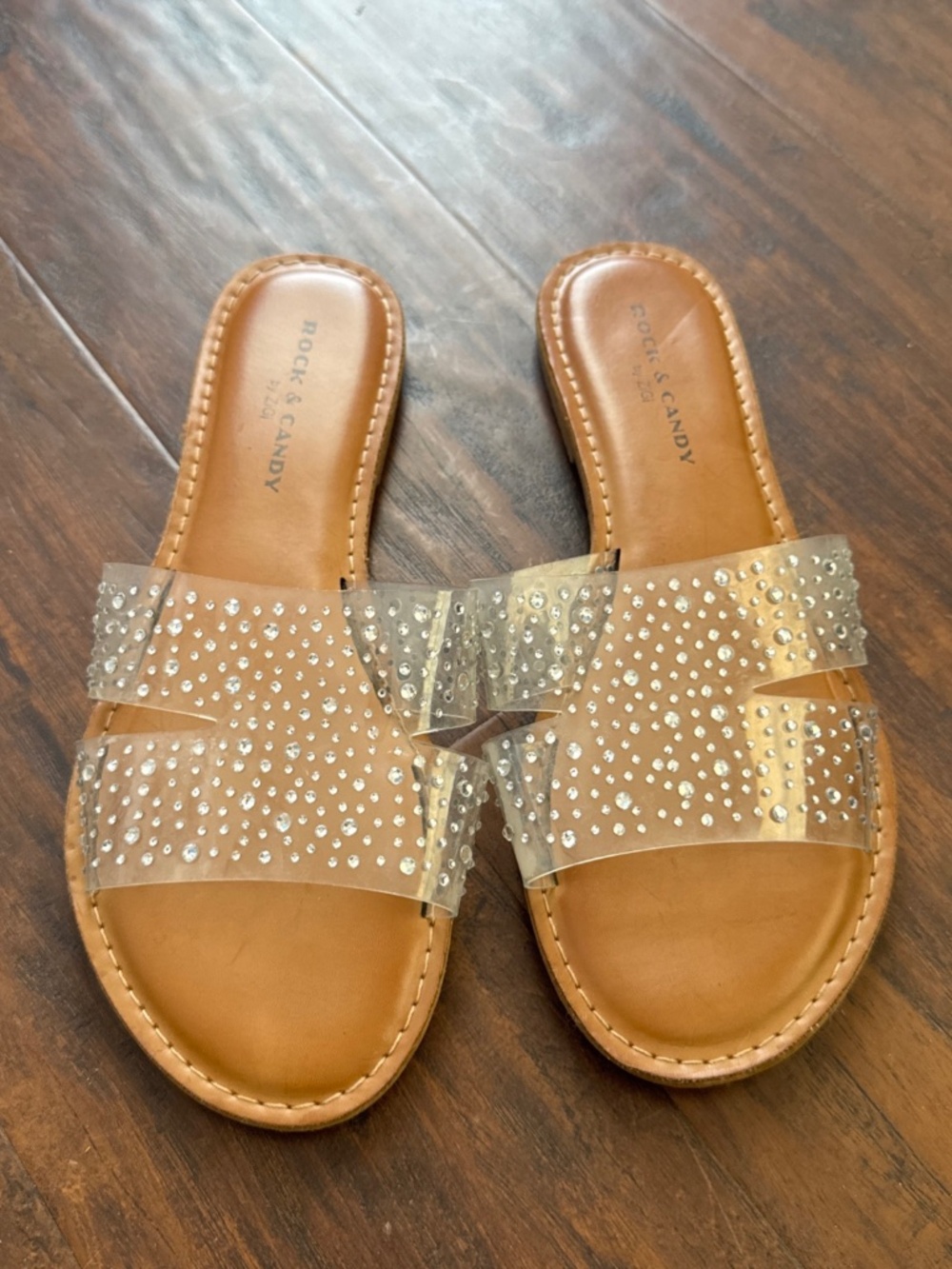 Rock & Candy Women’s Embellished Beaded Clear Strap Slide Sandal Size 8